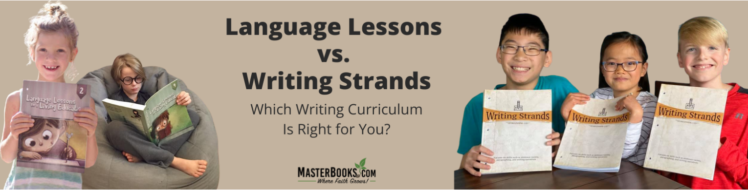 Children hold their Language Lessons for a Living Education and Writing Strands books