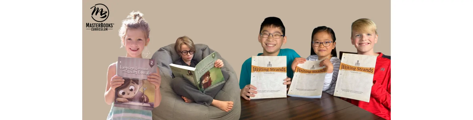 Children hold their Language Lessons for a Living Education and Writing Strands books